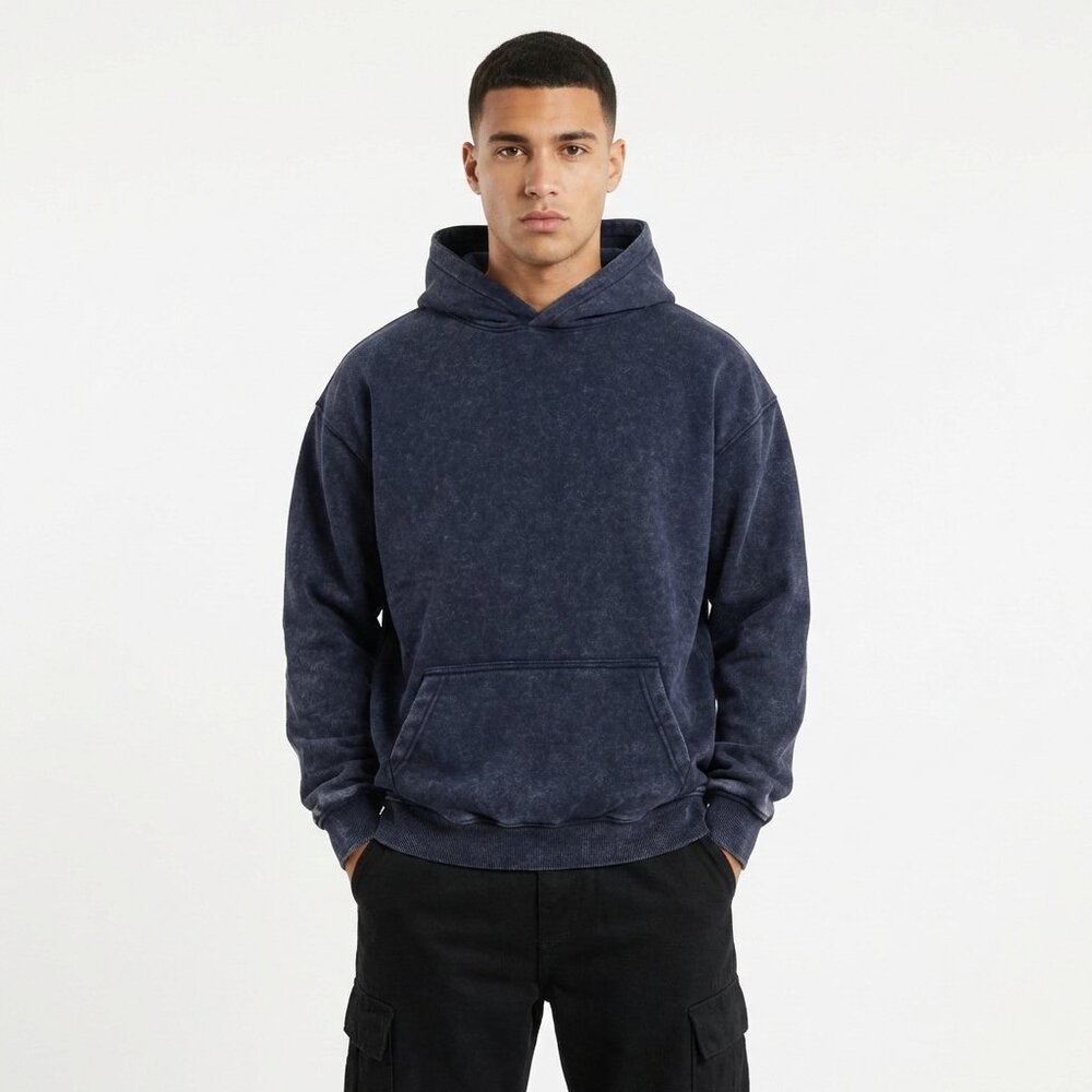 HIGH LEVEL HL Menswear Navy Stonewashed hoodie 360gsm 100% cotton plush lining